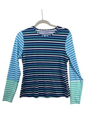 Lands End Womens Rash Guard Sz S Blue Striped Coastal Beachy Classic SwimWear